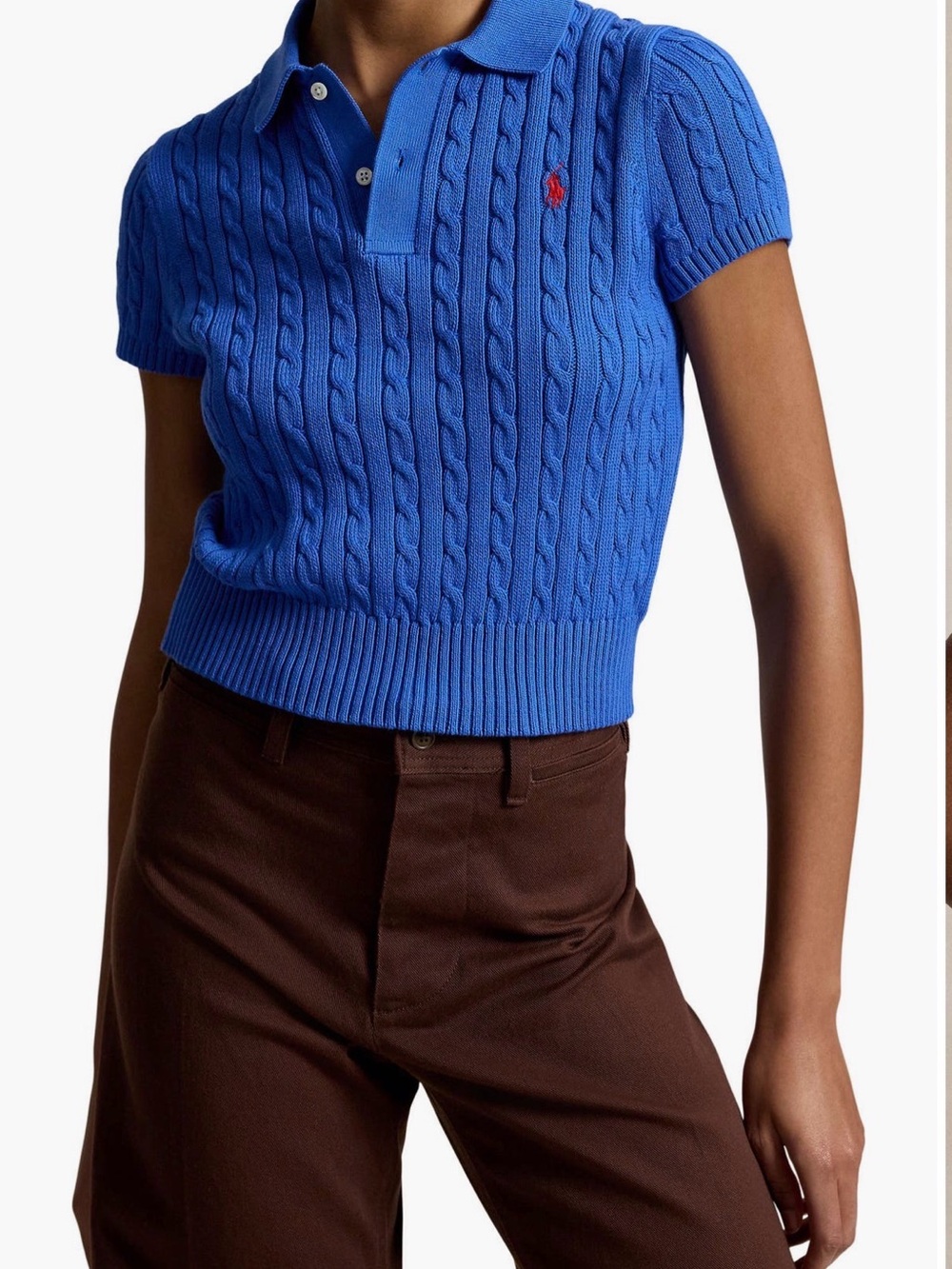 Polo Ralph Lauren Cable-Knit Cotton Cropped Polo Shirt Size XL